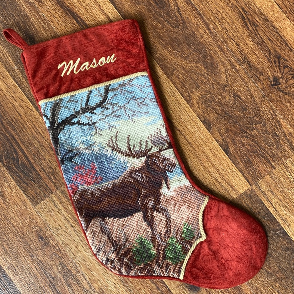 Needlepoint and velvet moose  Christmas Stocking personalized monogrammed Mason